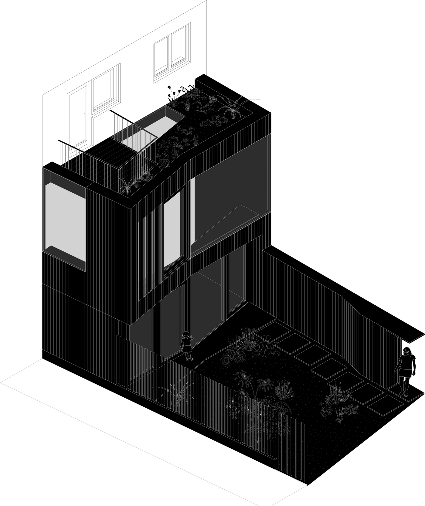 Axonometric of the new garden facade and green roof