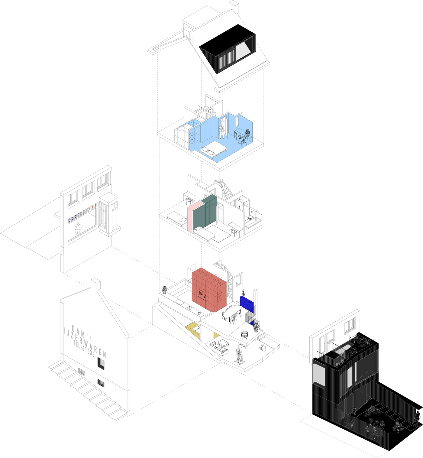 Exploded axonometric showing all four floors and the new extension